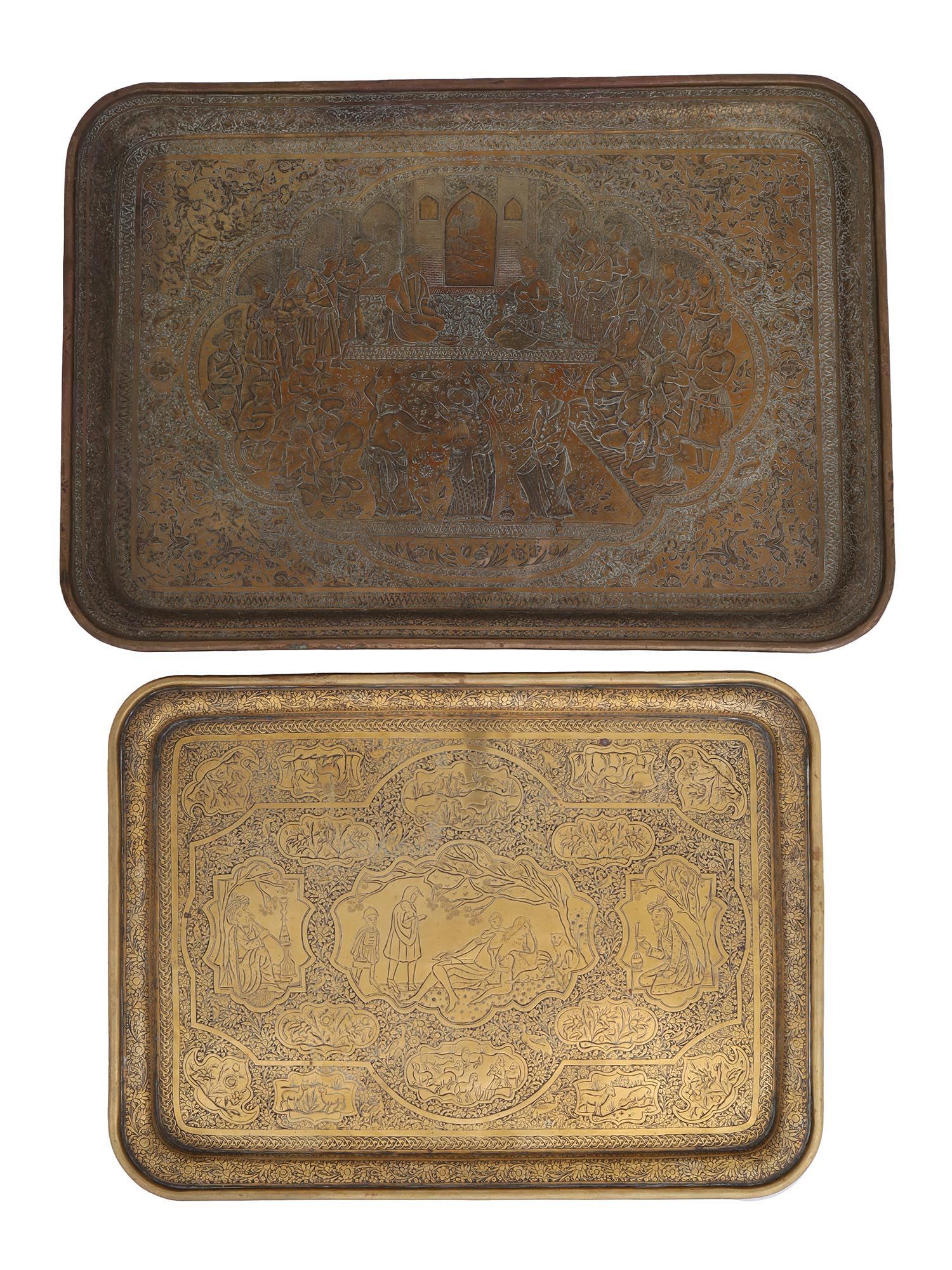 TWO ANTIQUE PERSIAN ENGRAVED BRASS SERVING TRAYS PIC-1